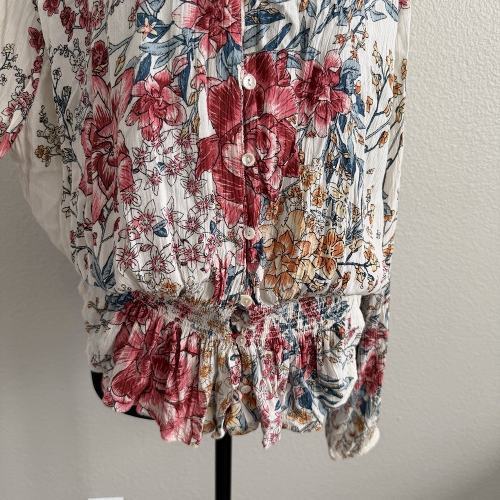 Billabong Women's Small Top Blouse Gauzy Boho Peplum Puff Sleeve Cottagecore - Picture 6 of 11